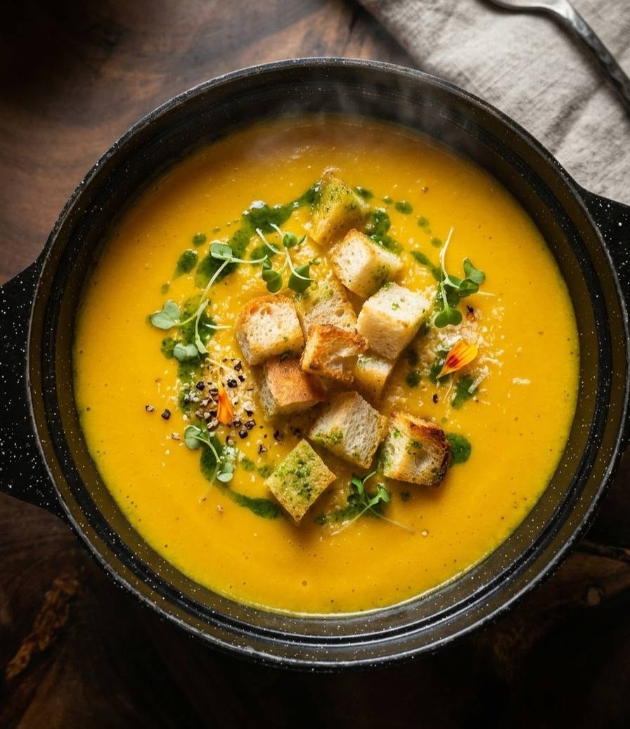 vibrant yellow soup with croutons and herbs