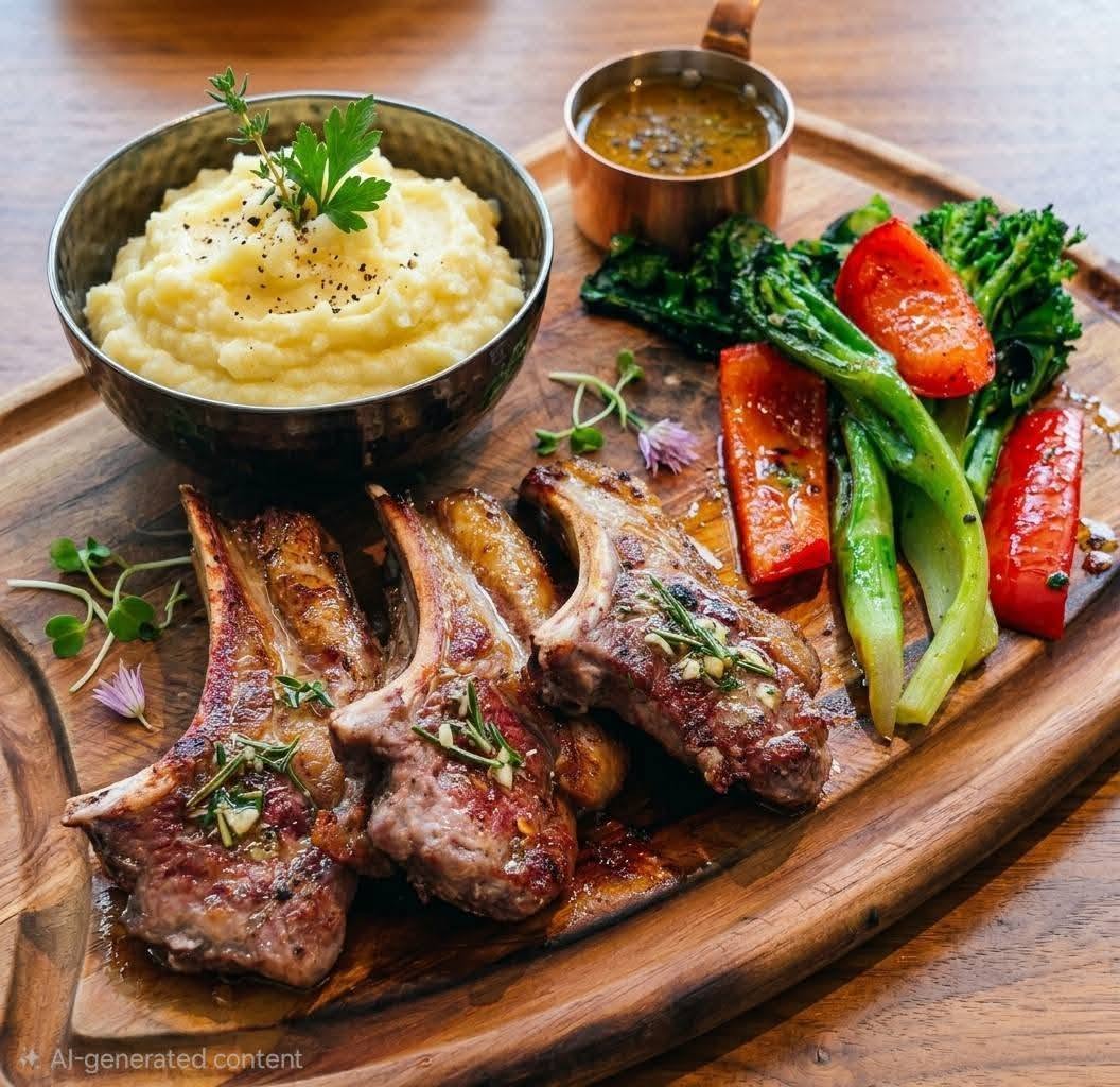 grilled lamb chops with mashed potatoes and vegetables