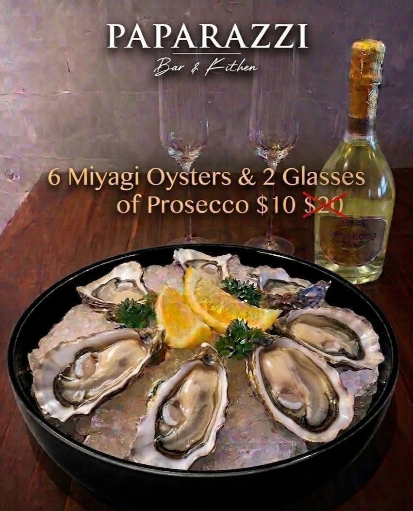 6 Miyagi oysters + 2 Prosecco promo ($10)