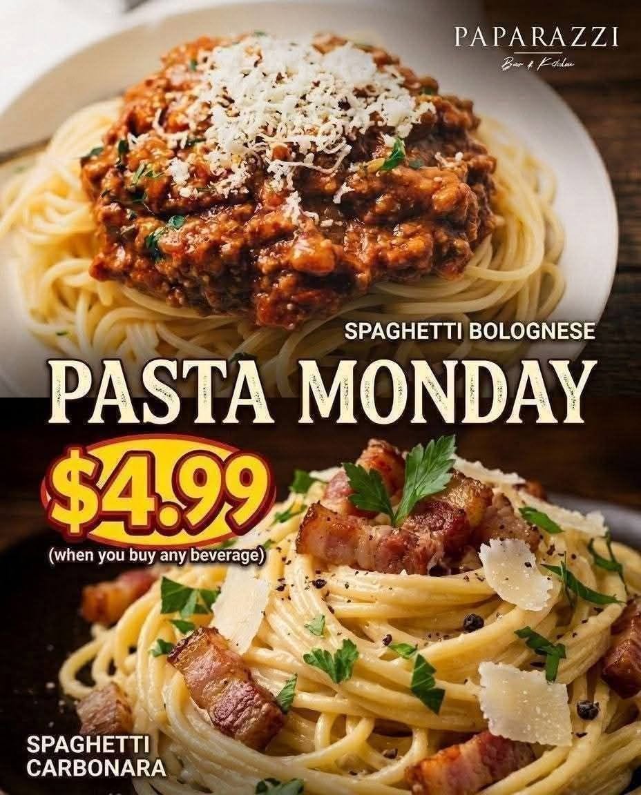 Pasta Monday promo — bolognese and carbonara $4.99